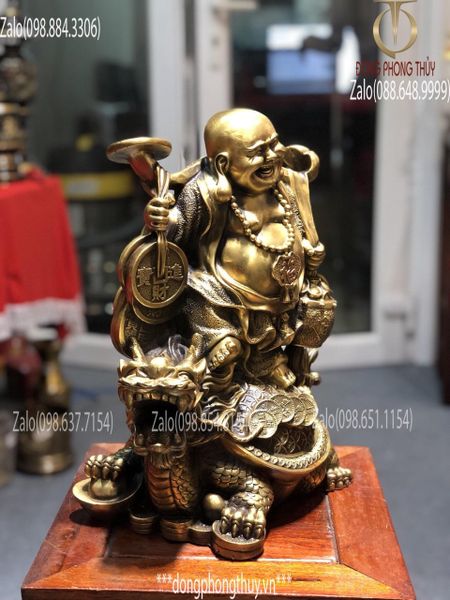 Tượng phật Di Lặc Gánh Tiền Bằng Đồng Cưỡi Long Quy Cao 36cm nặng 7kg