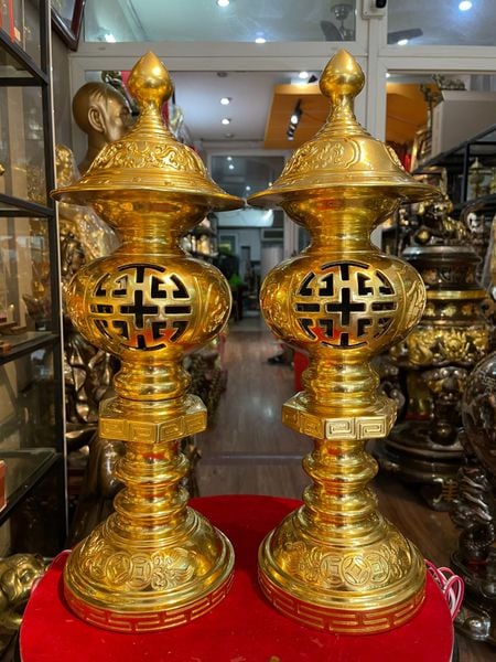 Lư hương đồng đỏ dát vàng 24k
