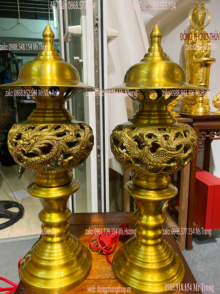 Đôi đèn thờ cúng rồng phượng cao 53cm màu vàng đậm