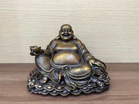 Tượng Di lặc đế tiền bằng đồng cao 20 ngang 26 sâu 17 màu hun nâu