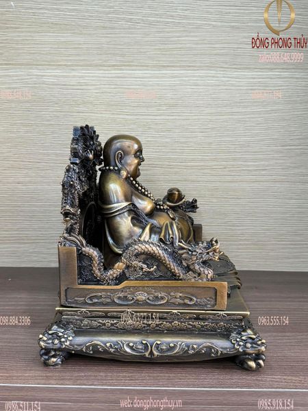 Tượng Di lặc ngai rồng bằng đồng cao 23 ngang 29 sâu 22 màu hun nâu