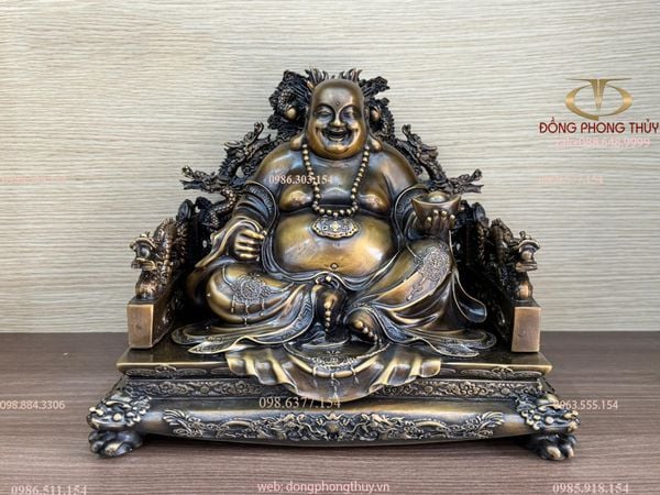 Tượng Di lặc ngai rồng bằng đồng cao 23 ngang 29 sâu 22 màu hun nâu