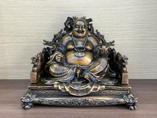 Tượng Di lặc ngai rồng bằng đồng cao 23 ngang 29 sâu 22 màu hun nâu