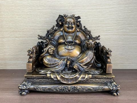 Tượng Di lặc ngai rồng bằng đồng cao 23 ngang 29 sâu 22 màu hun nâu