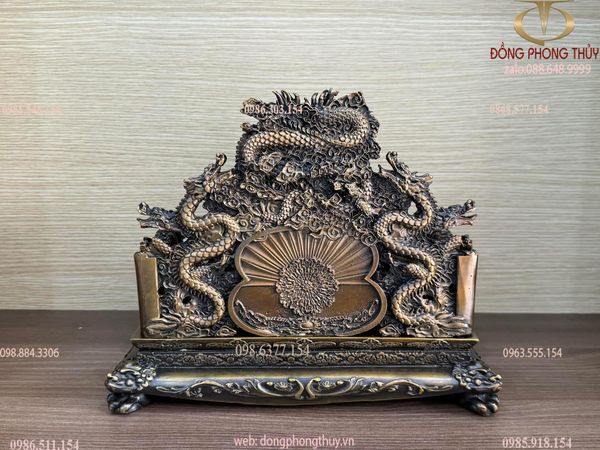 Tượng Di lặc ngai rồng bằng đồng cao 23 ngang 29 sâu 22 màu hun nâu