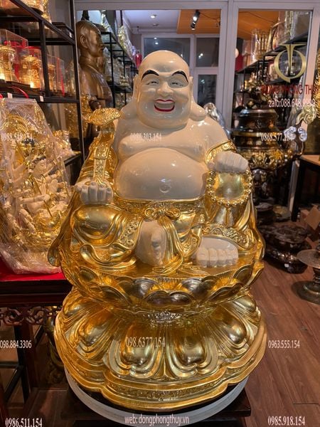Tượng Di Lặc tọa đài sen dát vàng 24k vẽ màu cao 50cm
