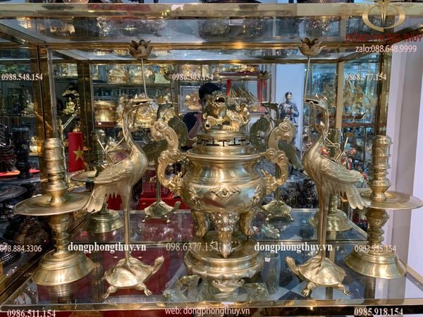 Bộ đỉnh đồng thờ Ngũ sự dơi cao 60cm nặng 33kg cát tút