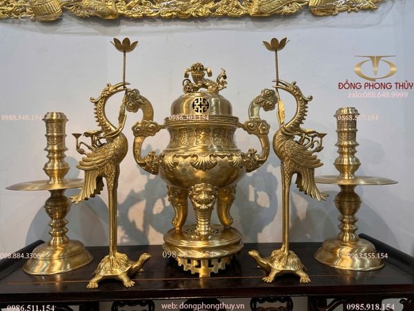 Bộ đỉnh đồng Ngũ sự cát tút hoa sòi cao 65cm nặng 34,7kg