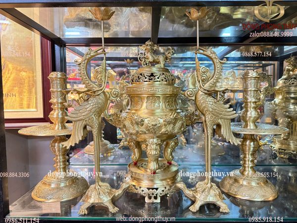 Bộ đỉnh đồng Ngũ sự cát tút song long chầu nguyệt cao 60cm nặng 27kg