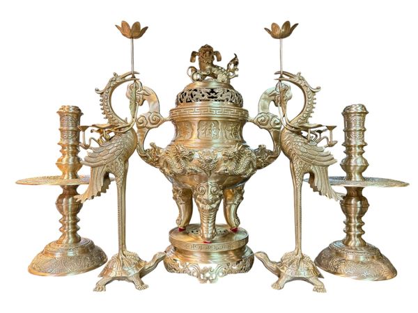 Bộ đỉnh đồng Ngũ sự cát tút song long chầu nguyệt cao 60cm nặng 29,9kg