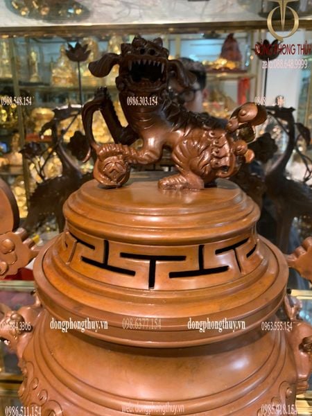 Bộ đỉnh đồng thờ sòi màu cổ nghê liền cao 60cm nặng 32kg màu cổ