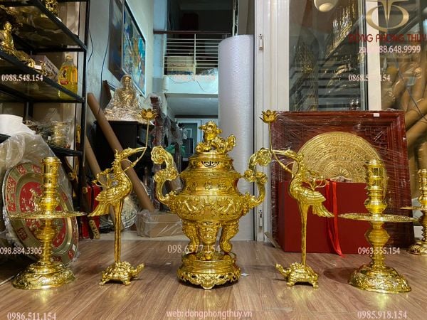 Bộ đỉnh đồng thờ ngũ sự 65cm 38kg dát vàng nano