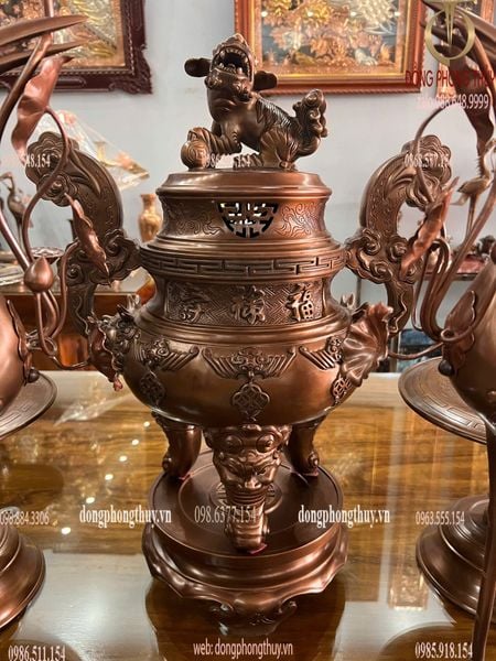 Bộ ngũ sự đỉnh đồng đỏ dơi ngũ phúc cao 62cm nặng 46kg