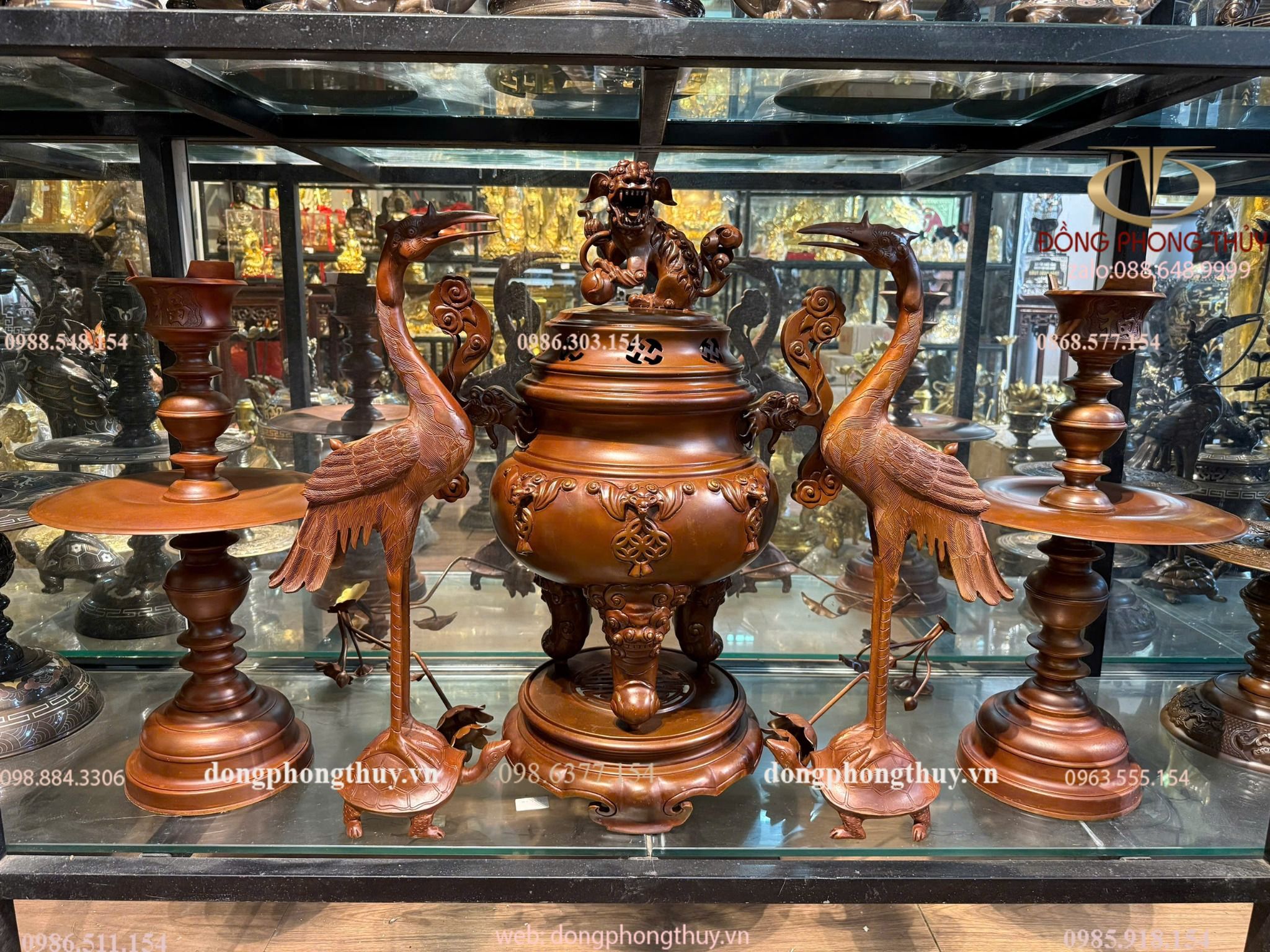 Ngũ sự đỉnh đồng dơi ngũ phúc tai ngang long vân màu cổ cao 70cm