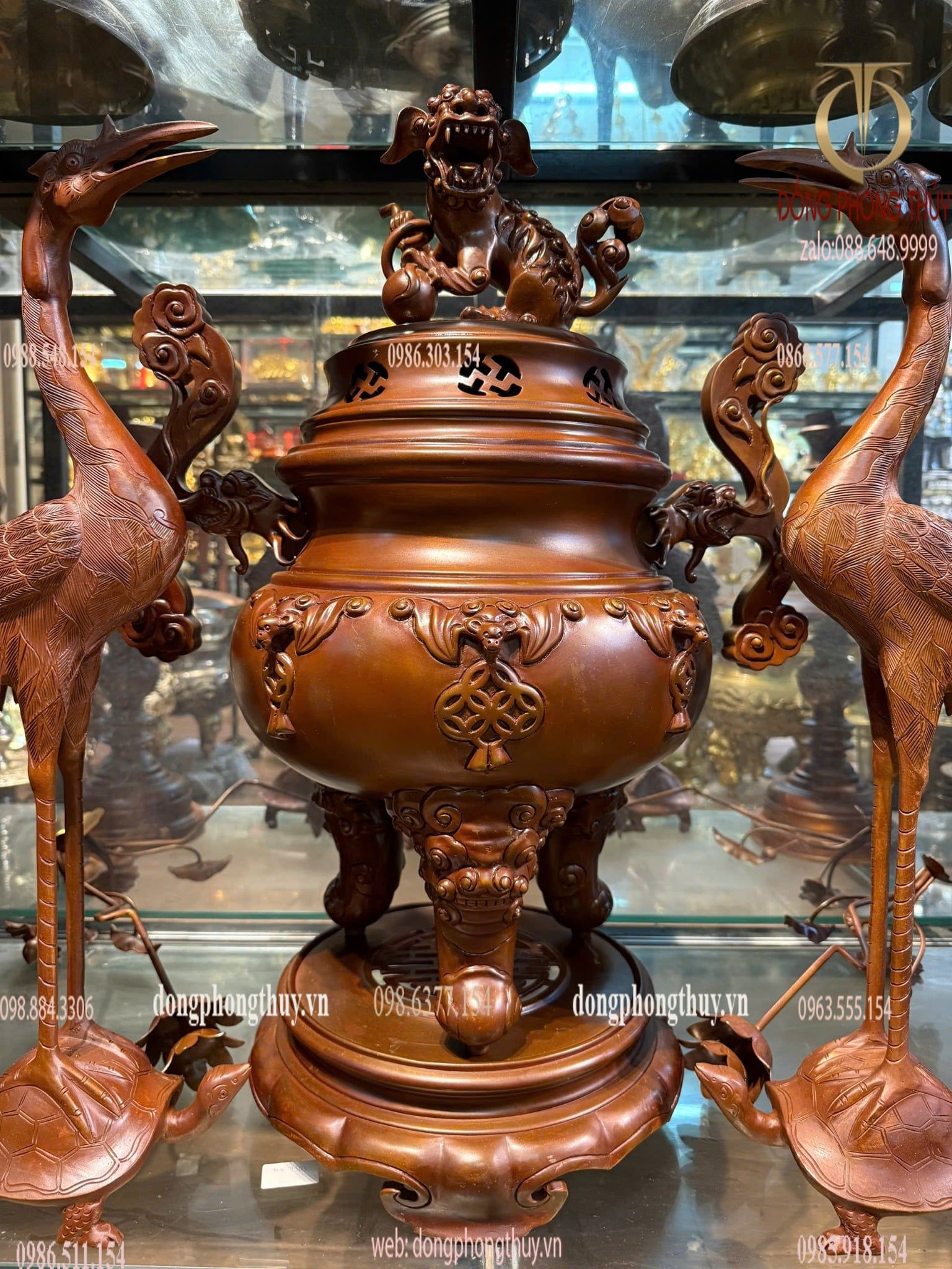 Ngũ sự đỉnh đồng dơi ngũ phúc tai ngang long vân màu cổ cao 70cm