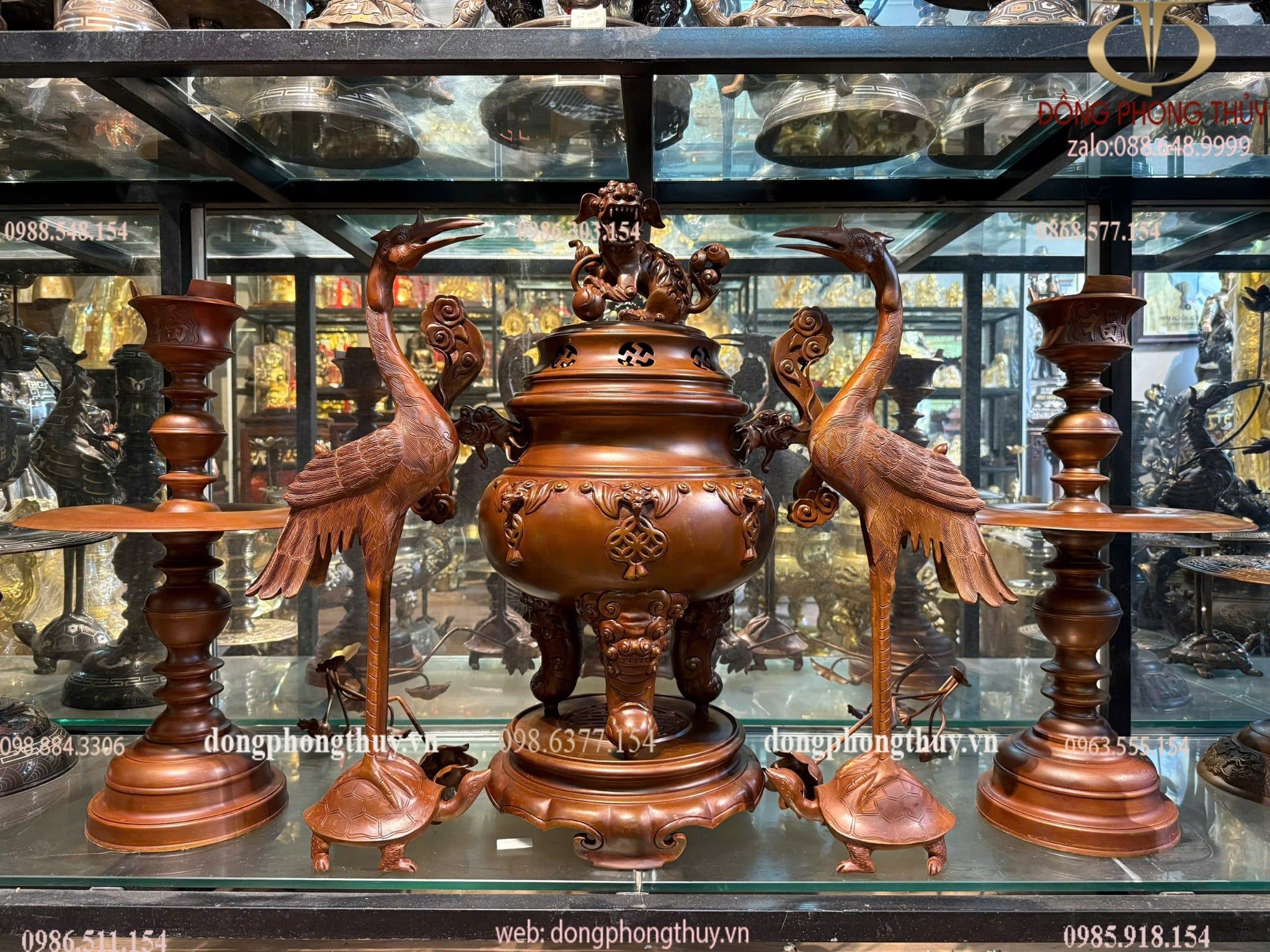 Ngũ sự đỉnh đồng dơi ngũ phúc tai ngang long vân màu cổ cao 70cm