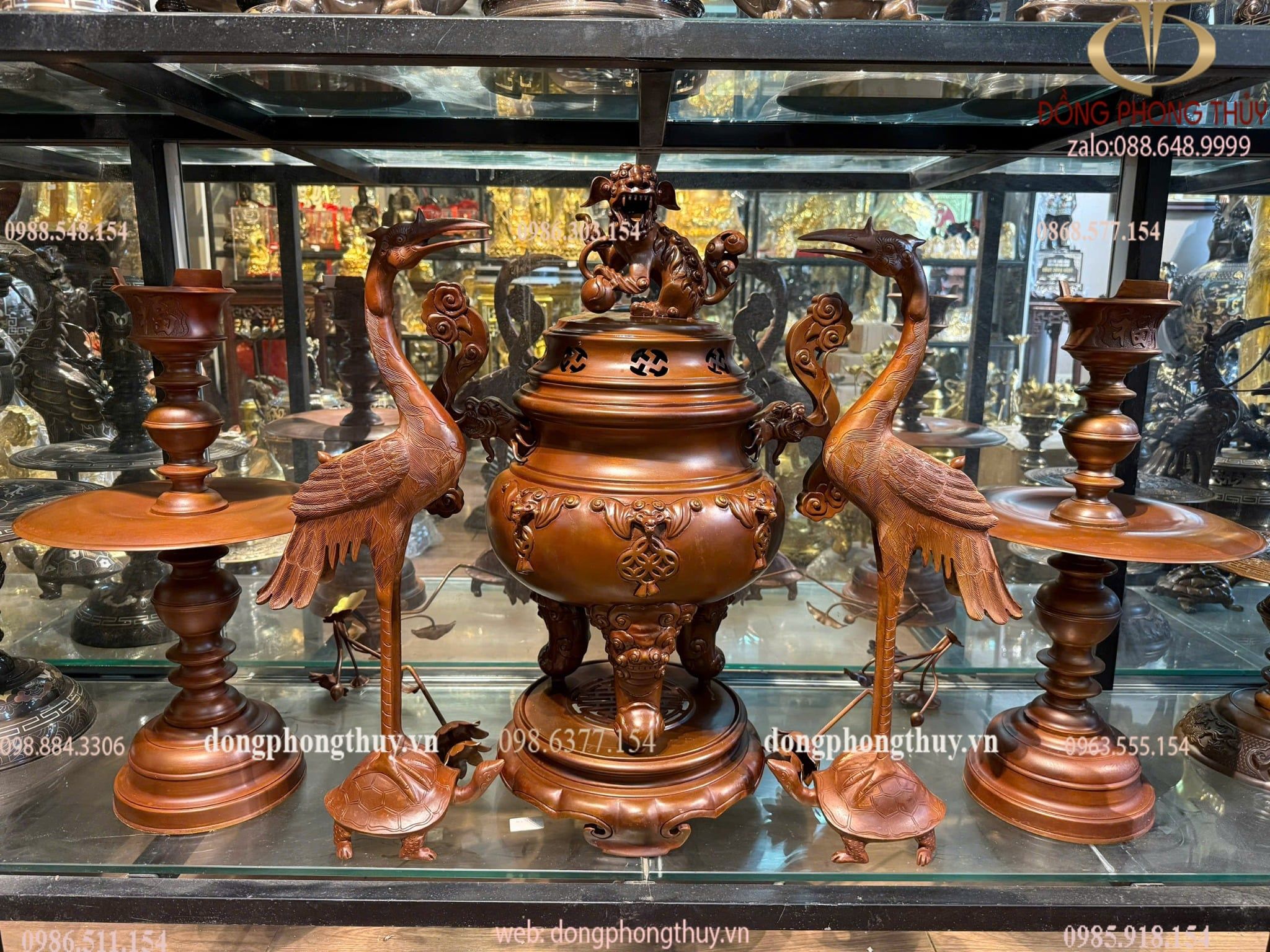 Ngũ sự đỉnh đồng dơi ngũ phúc tai ngang long vân màu cổ cao 70cm