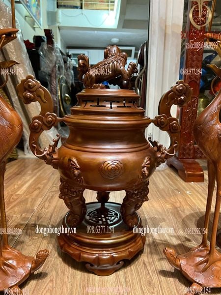 Bộ đỉnh đồng thờ ngũ sự mẫu cổ dơi ngũ phúc màu cổ cao 60cm