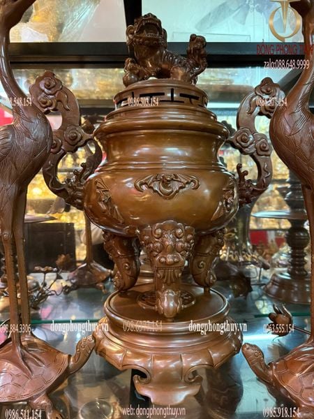 Bộ đỉnh đồng thờ Ngũ sự dơi cao 60cm nặng 33kg màu cổ