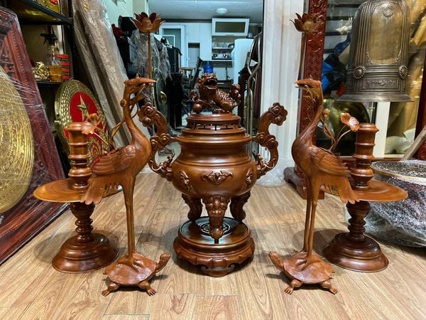 Bộ đỉnh đồng thờ ngũ sự mẫu cổ dơi ngũ phúc màu cổ cao 60cm