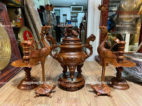 Bộ đỉnh đồng thờ ngũ sự mẫu cổ dơi ngũ phúc màu cổ cao 60cm