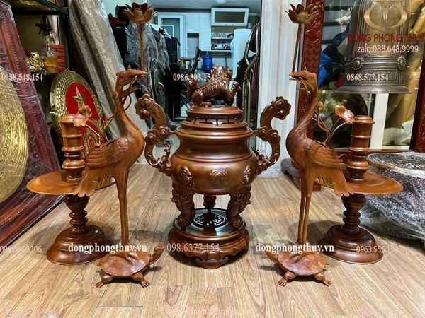 Bộ đỉnh đồng thờ ngũ sự mẫu cổ dơi ngũ phúc màu cổ cao 60cm