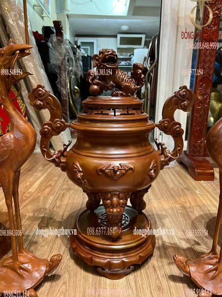 Bộ đỉnh đồng thờ ngũ sự mẫu cổ dơi ngũ phúc màu cổ cao 60cm