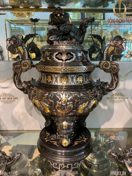 Bộ ngũ sự đỉnh đồng 62cm rồng nổi khảm ngũ sắc