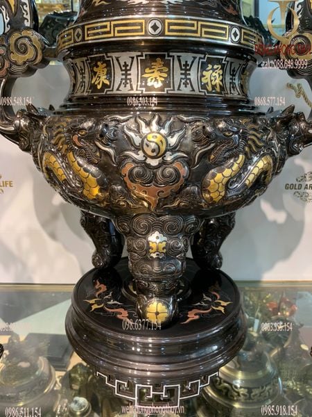 Bộ ngũ sự đỉnh đồng 62cm rồng nổi khảm ngũ sắc