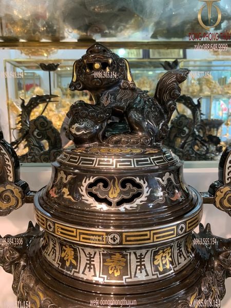 Bộ ngũ sự đỉnh đồng 62cm rồng nổi khảm ngũ sắc