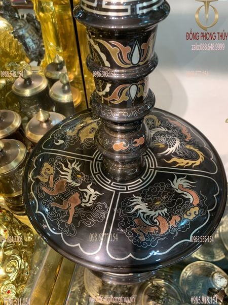Bộ ngũ sự đỉnh đồng 62cm rồng nổi khảm ngũ sắc
