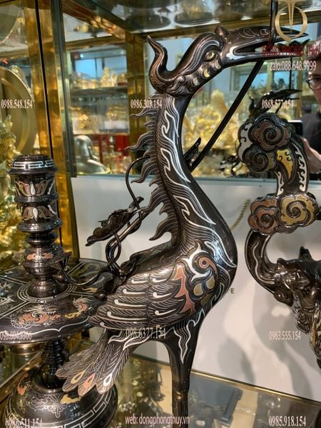 Bộ ngũ sự đỉnh đồng 62cm rồng nổi khảm ngũ sắc