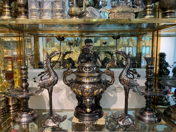 Bộ ngũ sự đỉnh đồng 62cm rồng nổi khảm ngũ sắc