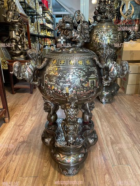 Đỉnh đồng 90cm thất lân vờn cầu khảm ngũ sắc