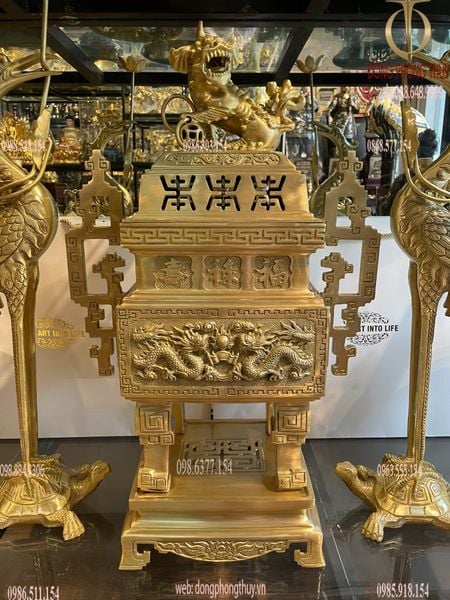 Ngũ sự đỉnh đồng cát tút vuông cao 63cm hạc thẳng