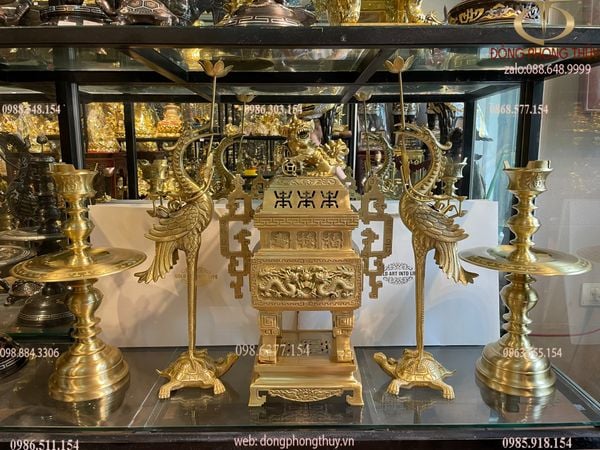 Ngũ sự đỉnh đồng cát tút vuông cao 63cm hạc thẳng