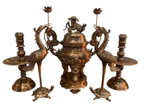 Bộ ngũ sự 65cm 48,5kg song long chầu nguyệt đồng đỏ xi nâu