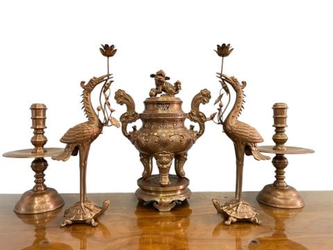 Bộ đỉnh đồng 62cm song long chầu nguyệt dát điểm vàng