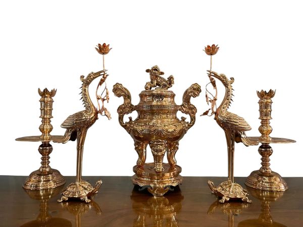 Bộ ngũ sự 62cm bằng đồng đỏ Sòi tiền