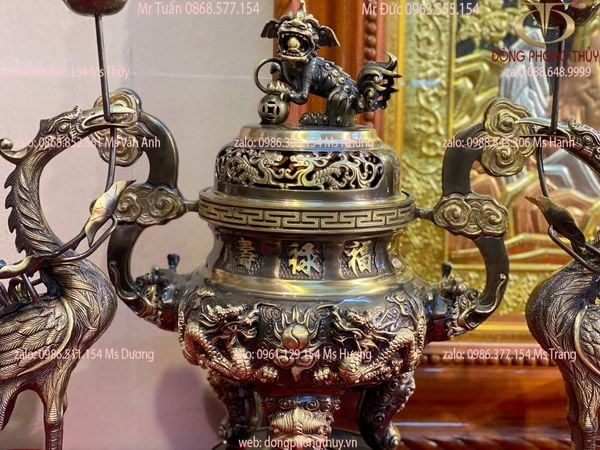 Đỉnh Đồng Ngũ sự song long hun nâu cạo màu 60 29kg