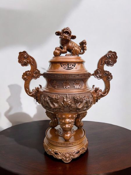 Bộ Đỉnh đồng thờ ngũ sự  65cm nặng 38kg màu ửng đỏ da lươn cánh dán