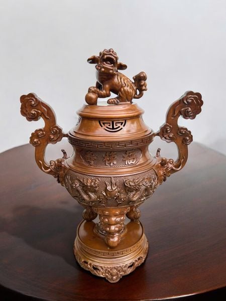 Bộ Đỉnh đồng thờ ngũ sự  65cm nặng 38kg màu ửng đỏ da lươn cánh dán