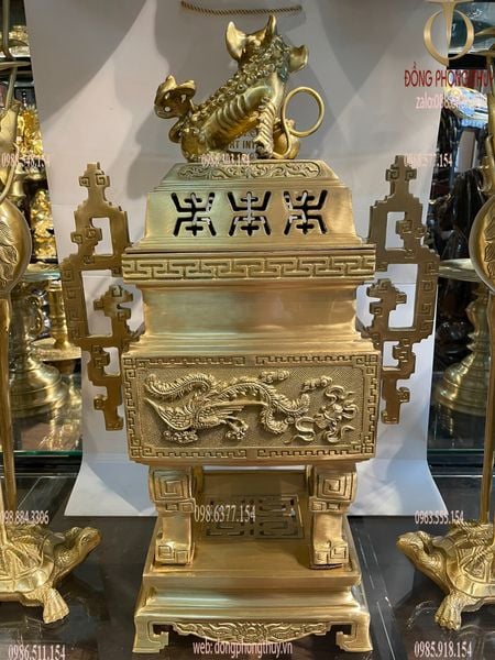 Ngũ sự đỉnh đồng cát tút vuông cao 63cm hạc thẳng