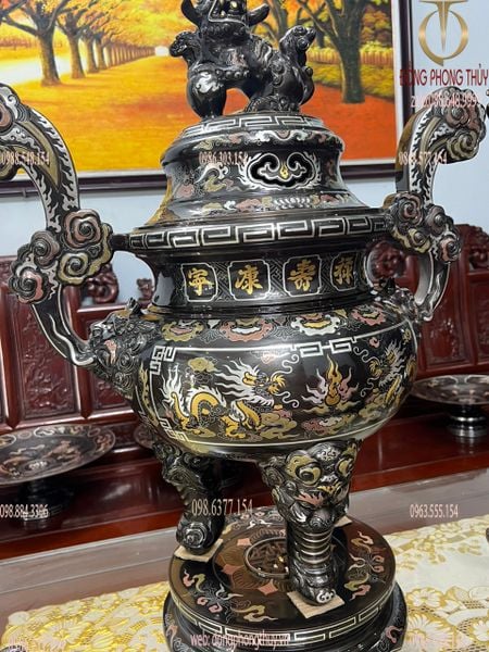 Bộ ngũ sự đỉnh đồng 80cm khảm ngũ sắc