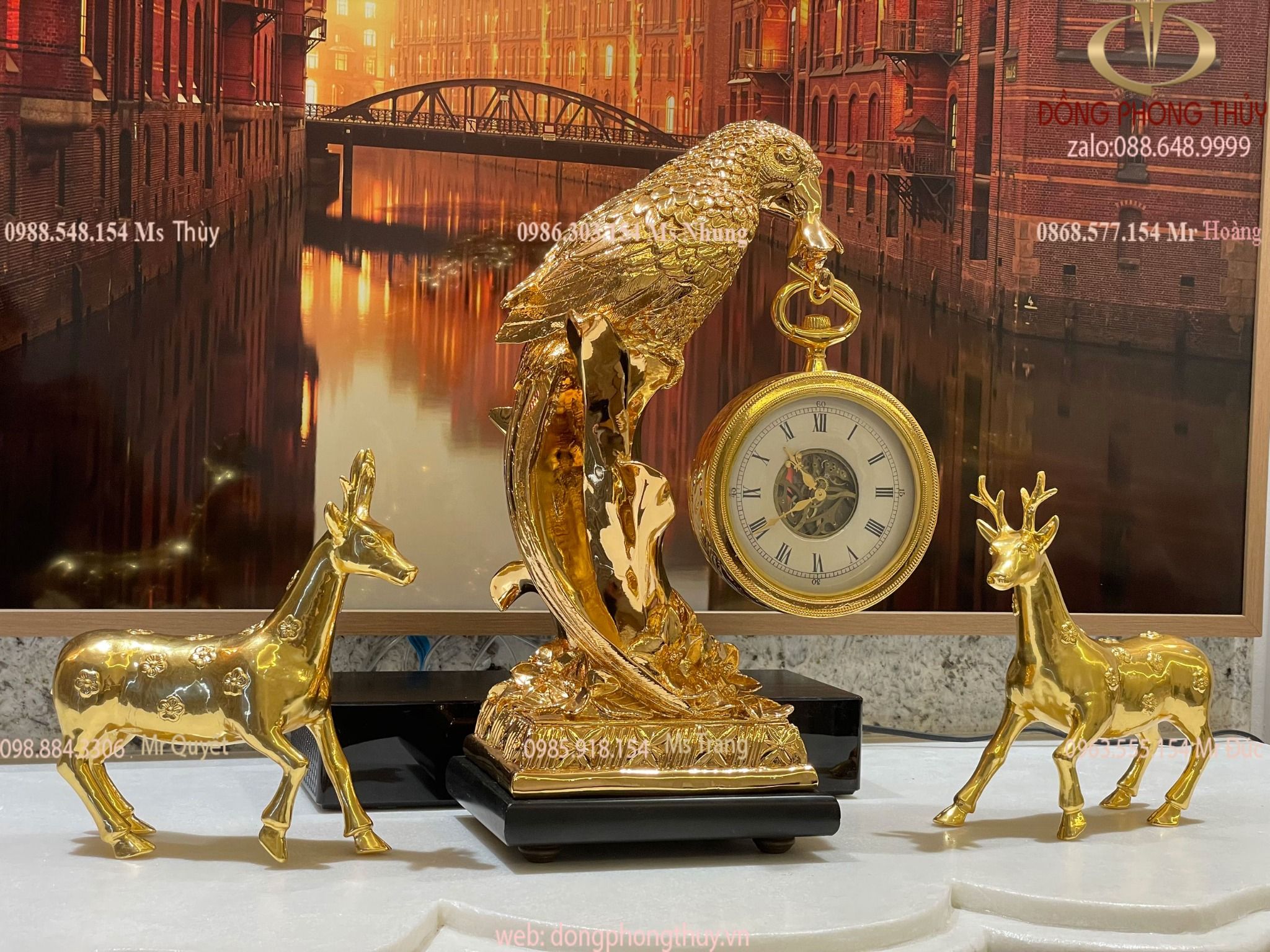 Bộ Đồng Hồ decor để bàn sang trọng bằng đồng mạ vàng 24k
