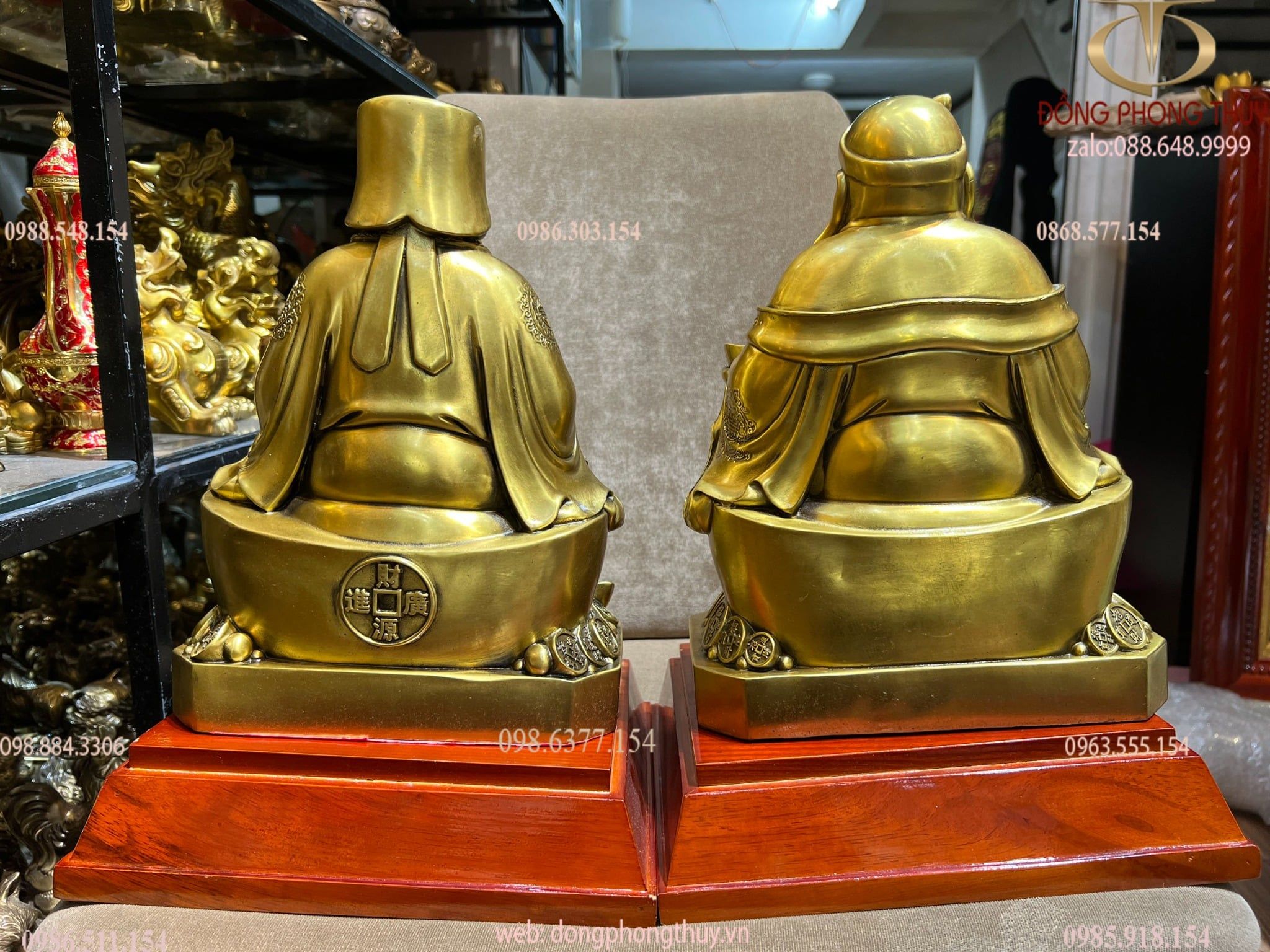 Tượng thần tài thổ địa bằng đồng cao 29 ngang 22 sâu 16 nặng 6,8kg/đôi