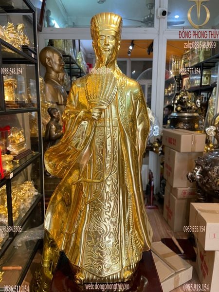 Tượng Khổng Minh - Gia Cát Lượng bằng đồng dát vàng 24K Cao 50cm ngang 24cm nặng 6,8kg