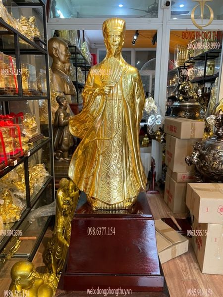 Tượng Khổng Minh - Gia Cát Lượng bằng đồng dát vàng 24K Cao 50cm ngang 24cm nặng 6,8kg