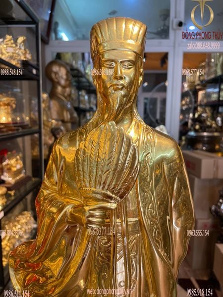 Tượng Khổng Minh - Gia Cát Lượng bằng đồng dát vàng 24K Cao 50cm ngang 24cm nặng 6,8kg