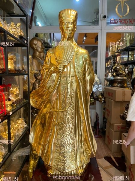 Tượng Khổng Minh - Gia Cát Lượng bằng đồng dát vàng 24K Cao 50cm ngang 24cm nặng 6,8kg